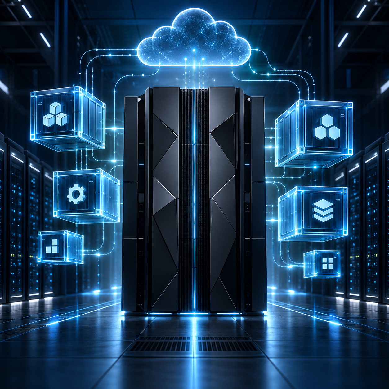 Mainframe im Rechenzentrum mit Cloud und digitalen Container-Anwendungen
