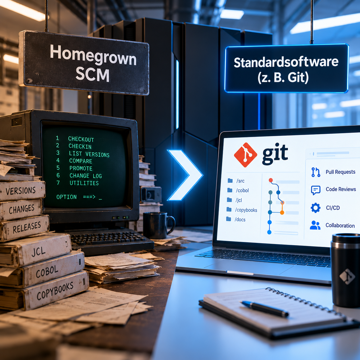 Vergleich zwischen Homegrown SCM und moderner Standardsoftware wie Git im Mainframe-Umfeld.